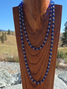 Source Unknown Deep Blue And Clear 60 Inch Glass Bead Necklace
